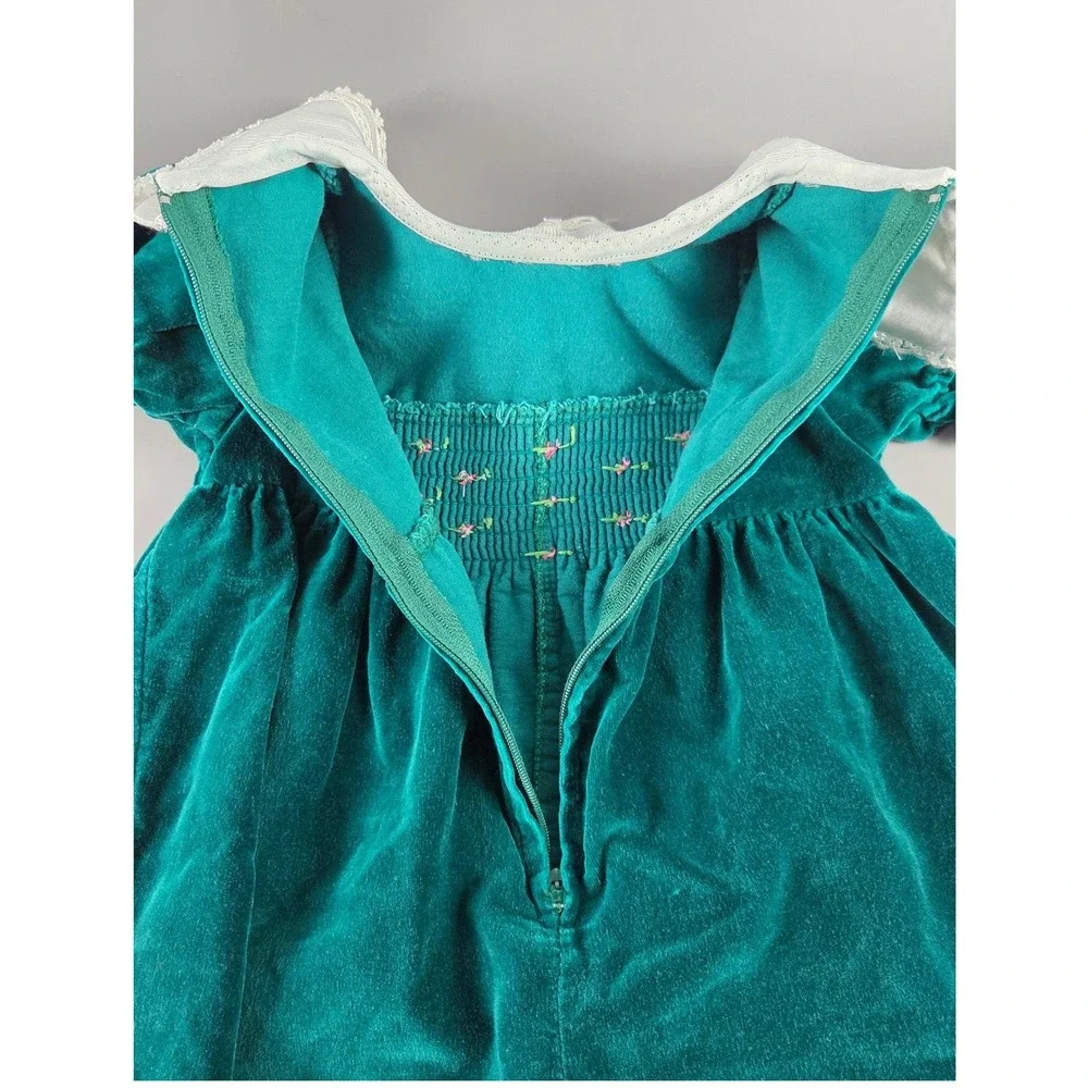 Vintage Green Velvet Baby Bubble Romper Lace Collar Floral Smocking 6 Mos